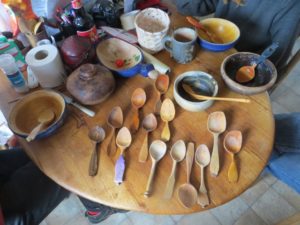 Some of Robin Wood's collected spoons, at lunch, made by as many different carvers. Note the bowls, too...